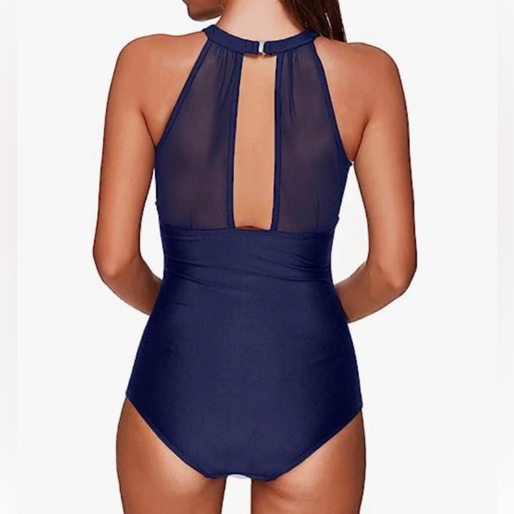 NWT Tempt Me navy blue high neck plunge mesh ruched swimsuit, size medium - Picture 9 of 9